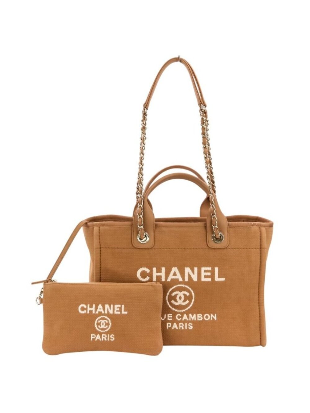 Chanel Deauville MM Tote Chain Shoulder Bag Pink Beige